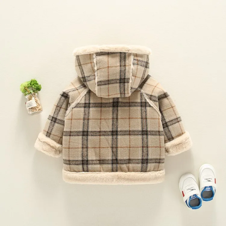 Winter Girls Hooded Clothes Plus Velvet Thick Korean Baby Thick Fur Collar Plaid Warm Jacket Baby Boy Jacket