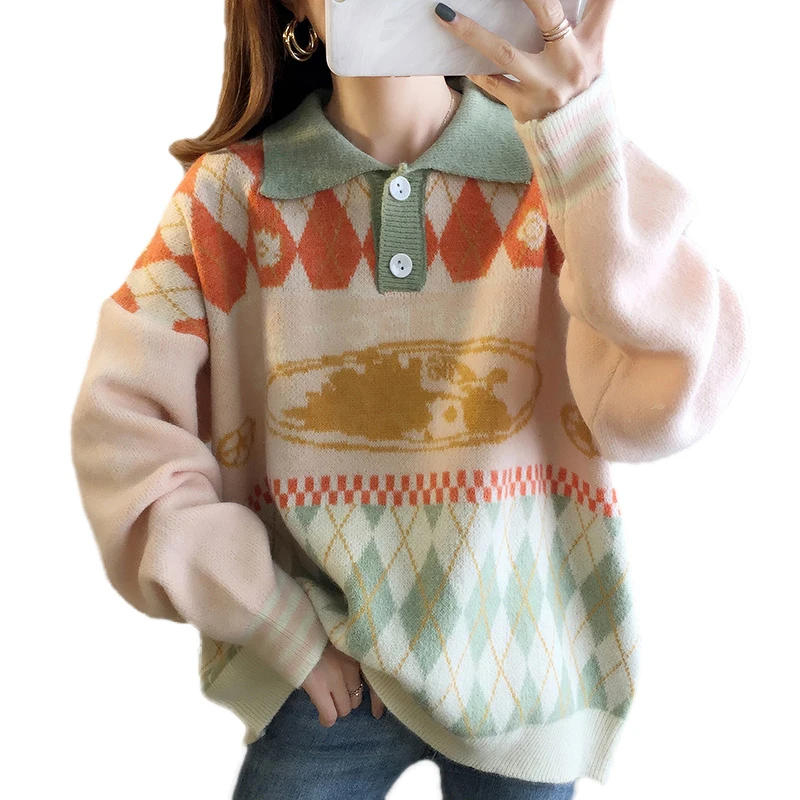 

Women Lapel Sweater Women Pullovers Autumn Korean Fashion Long Sleeve Knitted Sweaters New High Elastic Multicolor Female Tops