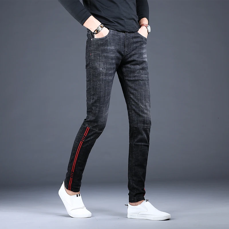 Men Black Jeans Fashion Side Stripe Slim Fit Pencil Pants Korean Style Casual Stretch Denim Trousers