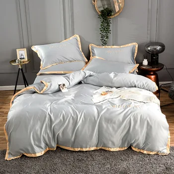 

2019 Home Textile Golden rim satin silk bedding set embroidery bed set duvet cover sheet flat or fitted bed sheet queen king