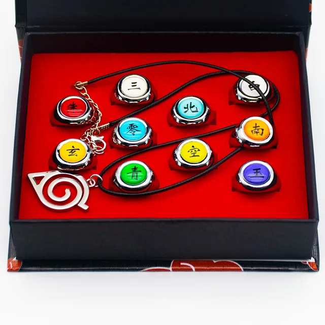 Naruto Akatsuki Rings Set 10pcs With Necklace And Chain Cosplay Itachi  Sharingan | eBay