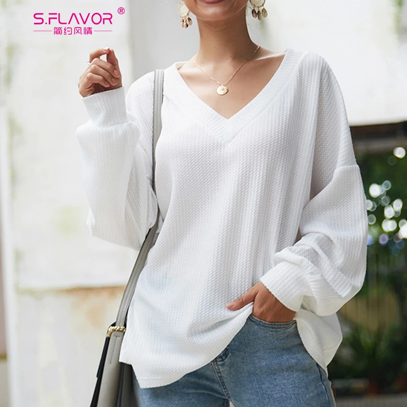S.FLAVOR New Arrivals Spring Loose Sweater Long Sleeve V Neck Sexy Knitted Pullover Casual Solid Color Sweaters Jumper |