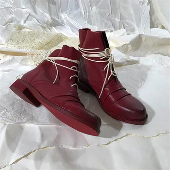 

Wine Red Leather Motorcycle Boots Comfort Flat Heel Winter Genuine Leather Shoes Combat Boots Women Black Ankle Boots