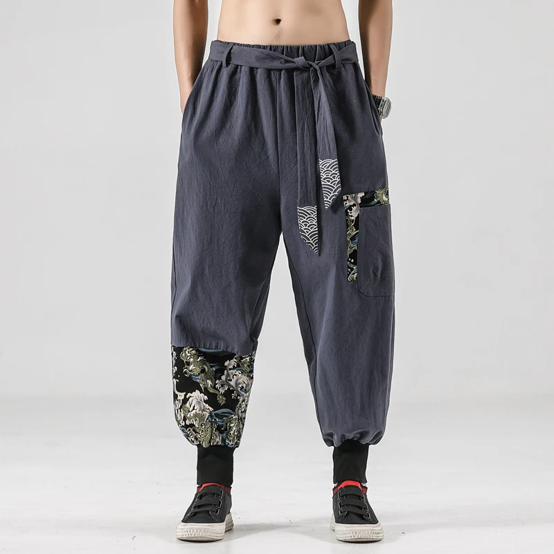 Men Linen Harem Pants Cotton Trousers Print Cross Crotch Vintage Chinese Style
