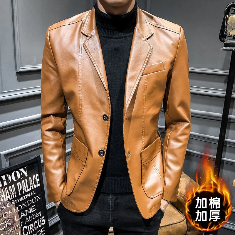 神奈川激安 春と秋の新革のスーツ男性のビジネスカジュアルスーツの襟の革コート薄型スリム革のジャケットの男性のスーツ 購入値下 Blog Mojeambulance Cz