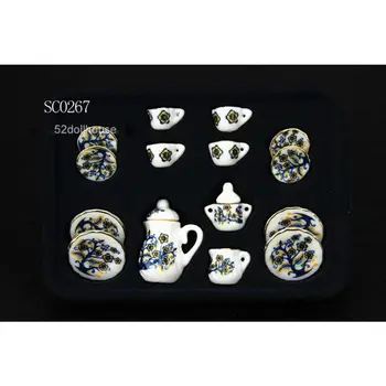 

Doll House Tableware Miniature Furniture 17 PCS Purple Flower China Dolls Ceramic Tea Sets 1:12 Scale