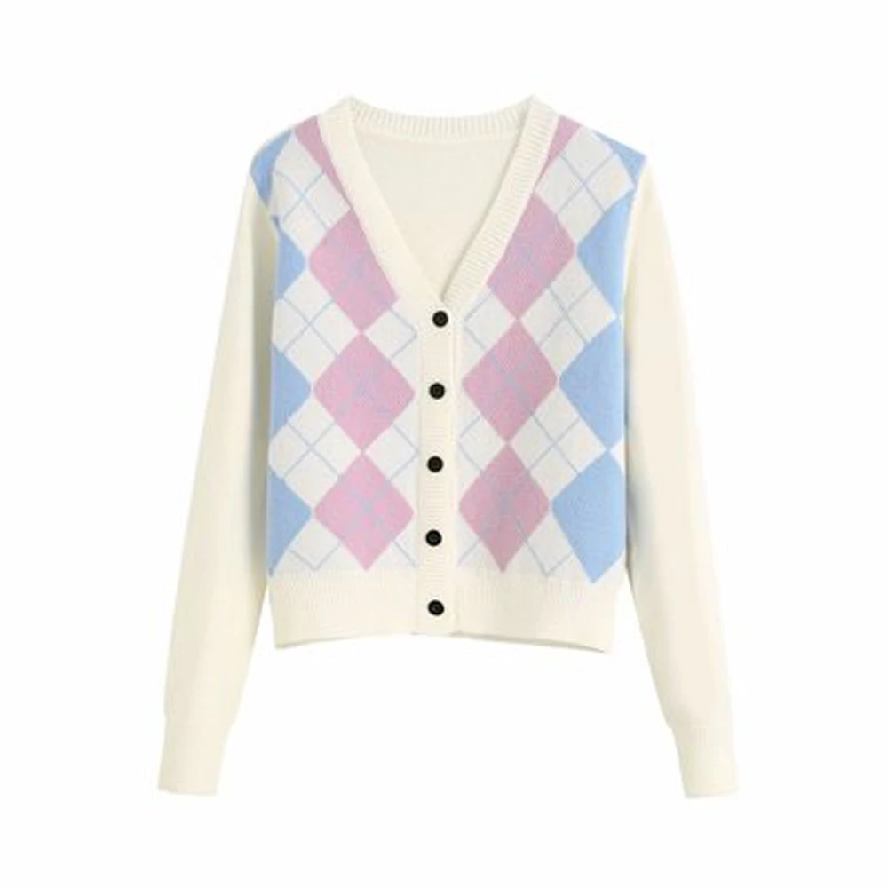 

2020 Women Cardigan Vintage Stylish Geometric Pattern Short Knitted Sweater Fashion Long Sleeve Outerwear Chaqueta British style
