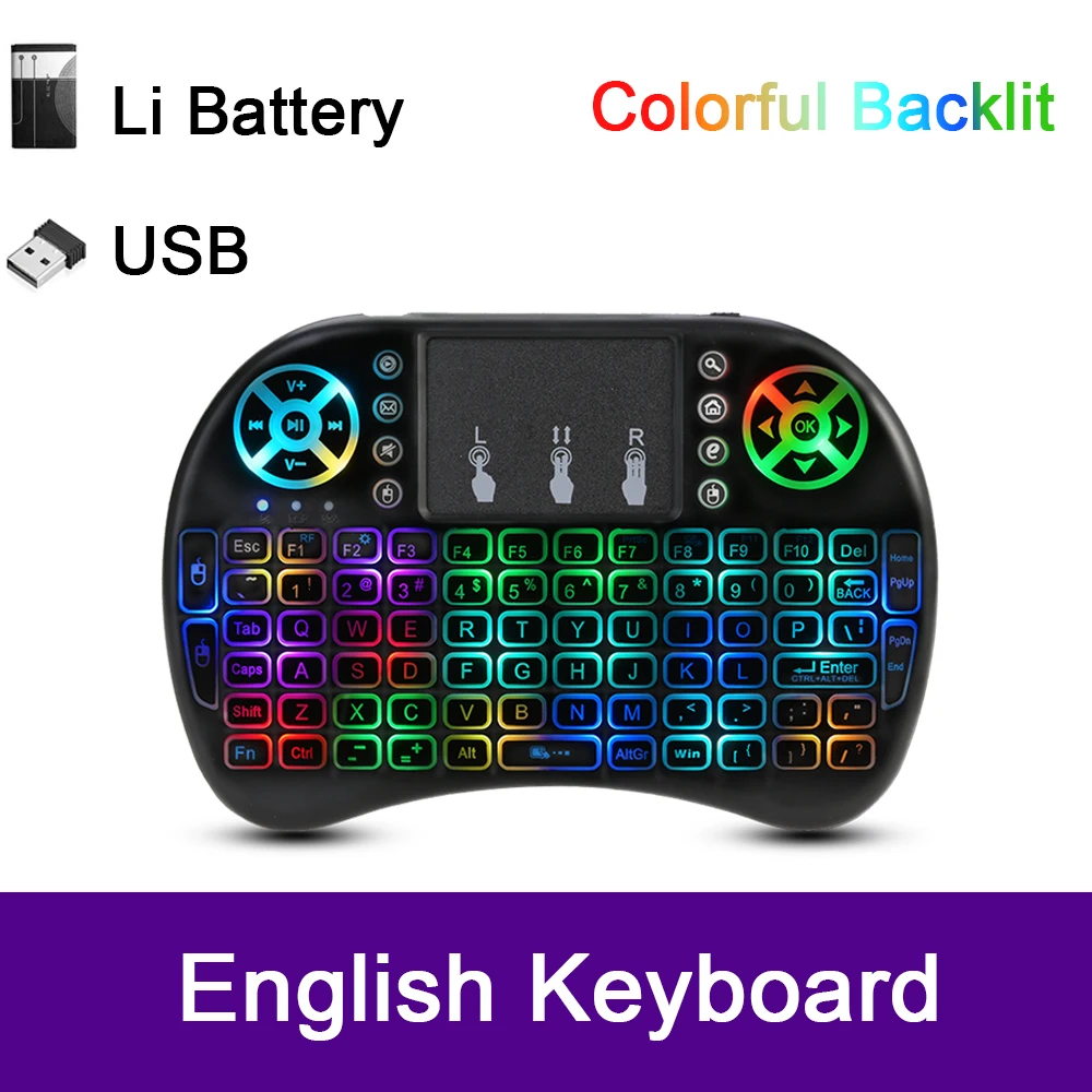 English Li Battery Цветная I8 Мини испанская Беспроводная клавиатура мышь 2,4 ГГц USB клавиатура для ноутбука Smart tv Английский Русский с тачпадом - Цвет: English Li Battery