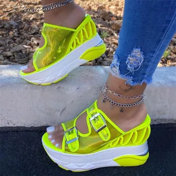

2020 New Summer Fashion PVC Wedge Slippers Female Transparent Belt Buckle Super High Heel Platform Large Size 43 Sandals Women