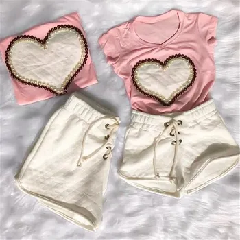 

1-5Y Girls Summer Clothing Sets Newborn Baby Girls Pearl Heart Print T-shirts+Bandage Shorts Children Girls Tracksuits Outfits