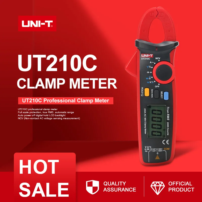 UNI-T UT210C одиночный AC 200A True RMS Высокоточный мини цифровой мультиметр-зажим/NCV/Диодный тест/ЖК-подсветка/температурный тест