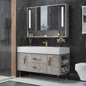 Customized Modern Simple Smart Stone Plate Integrated Bathroom Cabinet Combination Floor-Standing Bathroom Wash Basin