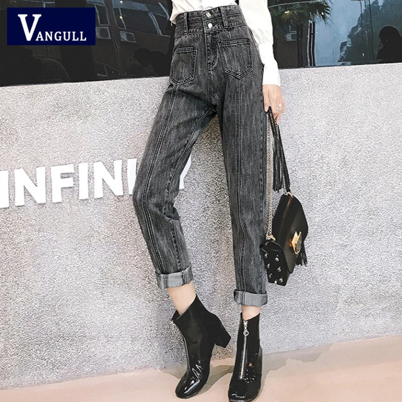 Black Gray Vangull женские джинсы прямого кроя, высокая талия, молния, длина по щиколотку, джинсовые брюки, новые осенние зимние женские джинсы с карманами - Color: Black Gray