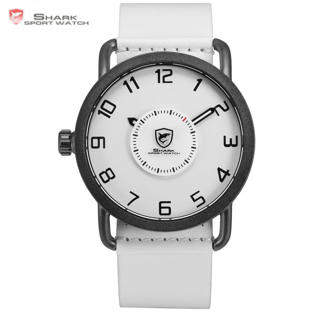 

Shark Sport Watch Men White Simple Left Side Crown Turntable Rotate Second Hand Leather Strap Quartz Watches Caribbean Rough