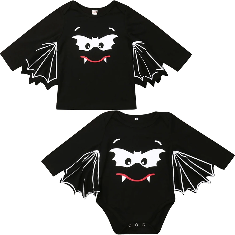 2019 New Newborn Baby Girl Boy Brother Sisters Halloween Bat Clothes Romper T-Shirt Tops Cool Costume Party Clothes 3M-5Y