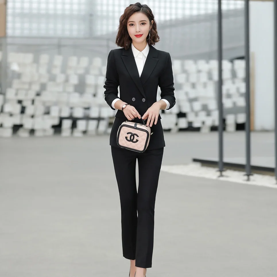 Blazer and Pant Set Высокое качество формальный черный блейзер женские деловые костюмы со штанами и курткой наборы Дамская рабочая одежда брючные костюмы - Цвет: Blazer and Pant Set