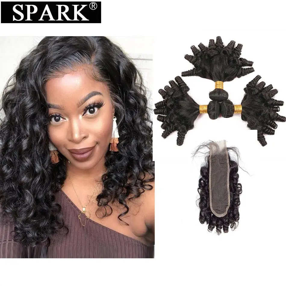 Natural Black Color SPARK бразильские человеческие волосы, упругие кудрявые волосы, 3 пряди, с закрытием, Remy Funmi Hair KIM K 2*6, пряди, коричневый цвет - Цвет: Natural Black Color