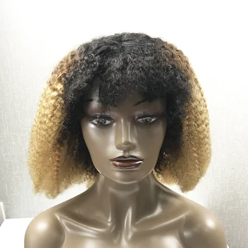 

Grand nature brazilian afro kinky curly human hair wig 250% density omber 1b/4/27 wig with thick fringe remy machinemade