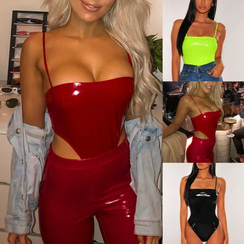 

Fashion Women PU Leather Sexy High Cut Leotard Ladies Evening Party Club Bodysuit Sleeveless Romper Bodycon Body Top Streetwear