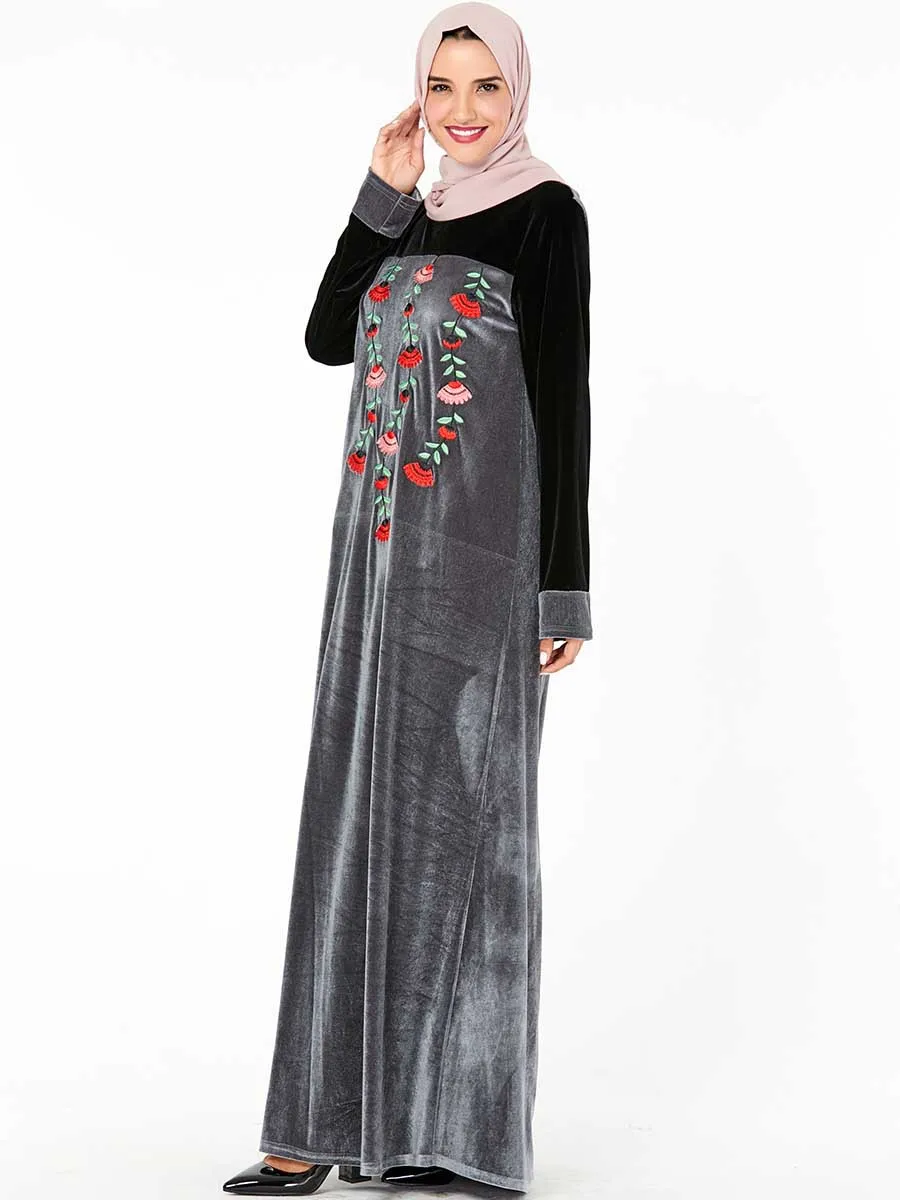 3XL 4XL вышивка серый бархат мусульманское платье для женщин зимнее абайя хиджаб Tesettur Elbise молитва Турецкая мусульманская одежда халат