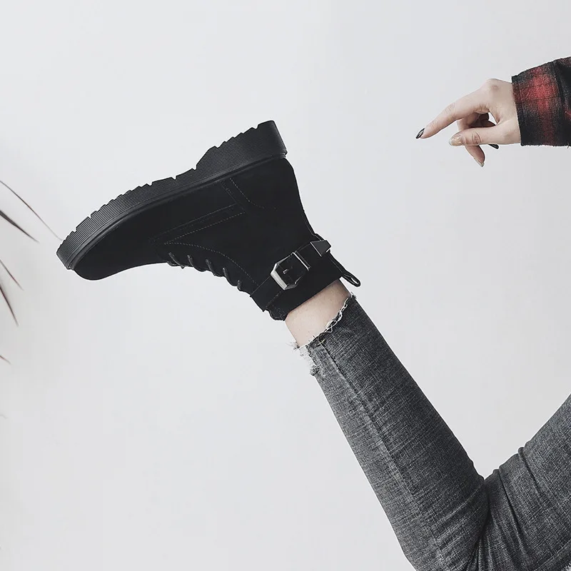 

Hh-11 Martin Boots Autumn And Winter New Style England Retro Flat Large Size Lace-up plus Velvet Block Heel Short Motorcycle Boo