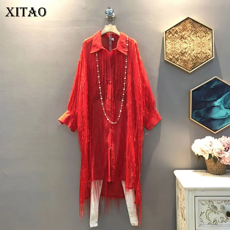 XITAO Korean Style Trend Dress Women Plus Size Fringed Lapel Mid-length Dresses Loose Streetwear Clothes 2020 New DMY3146 | Женская