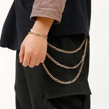 

7mm Width Gold Cuba Three Stranda Metal Wallet Chain Rock Punk Hook Biker Trousers Pant Waist Link Belt Key Fshion Men Jewelry