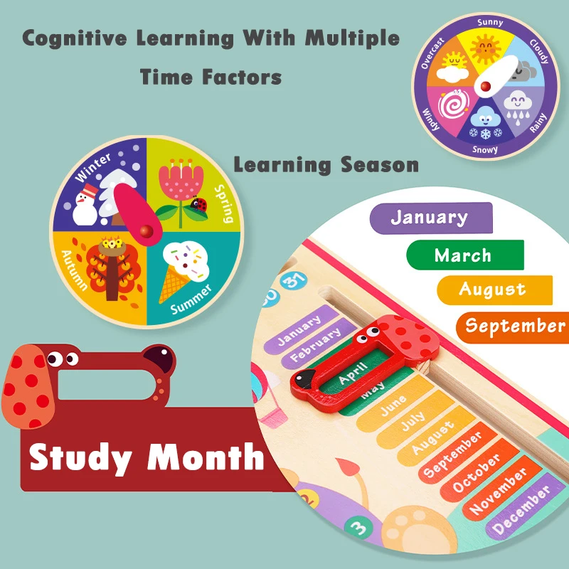 Children Montessori Wooden Clock Education Board Toys Multifunctional Learning Calendar Weather Season Time Teaching Aids Gifts 4