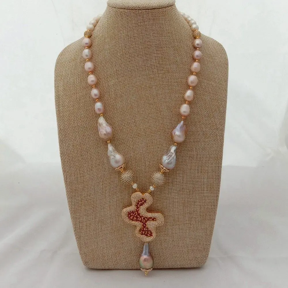 

20'' Pink keshi Pearl Rice Pearl Necklace CZ Pendant