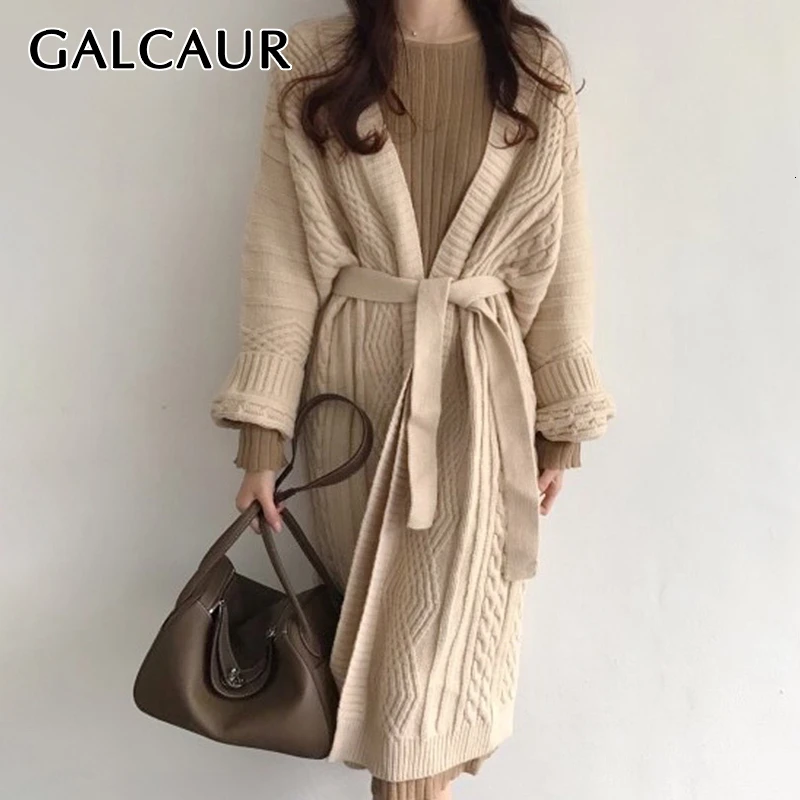 GALCAUR Vintage Hemp Pattern Knitted Sweater Women V Neck Lantern Sleeve Lace Up Bowknot Tunic Cardigans Female 2020 Autumn New |