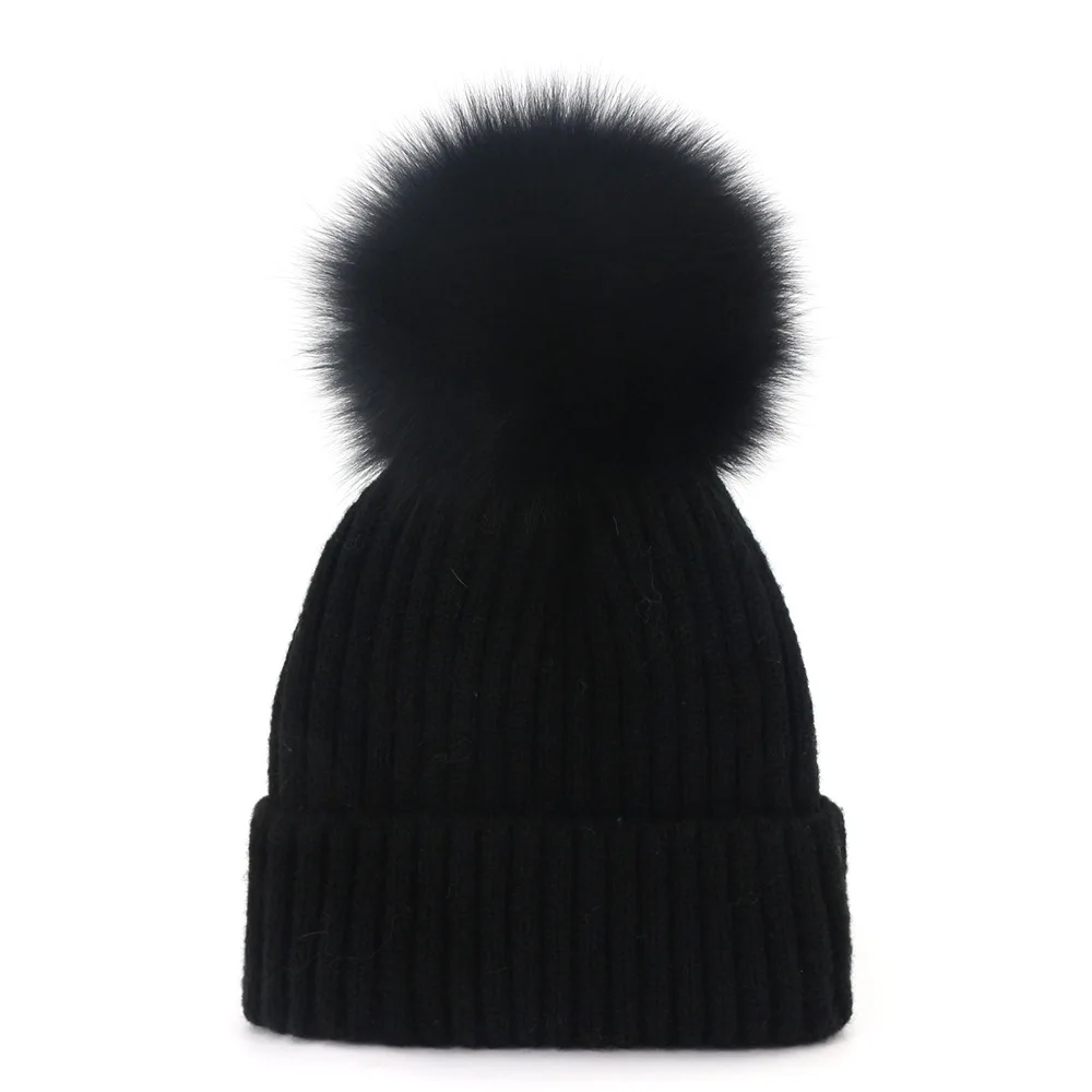 Black Hat Модные зимние женские вязаные шапки-бини, утолщенные популярные женские шапки, персональные женские шапки-бини, шапка с помпоном, женская шапка с помпоном - Цвет: Black Hat