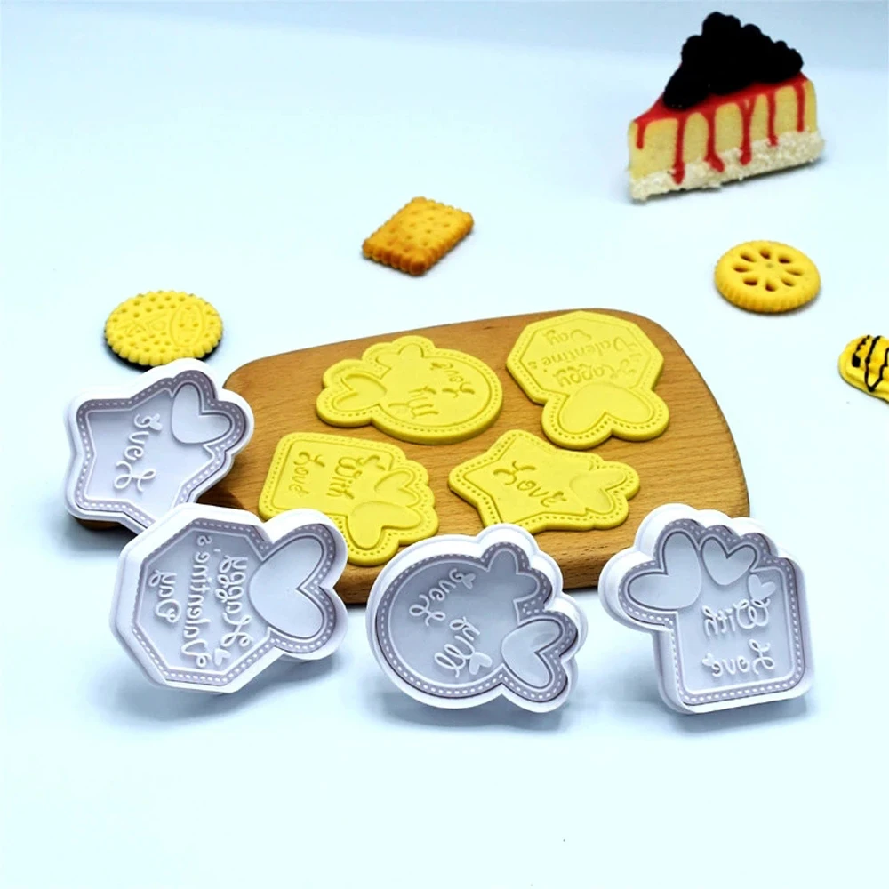 New Valentine Themed Cookie Plunger Cutter Heart Love Five-pointed Star Diamond Shape Pressing Embossed Mould Cake Molds | Дом и сад