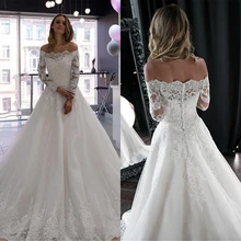 

Elegant Wedding Dresses 2022 New Design A-line Long Sleeve Tulle Lace Beaded Sequins Formal Bridal Gowns CO150