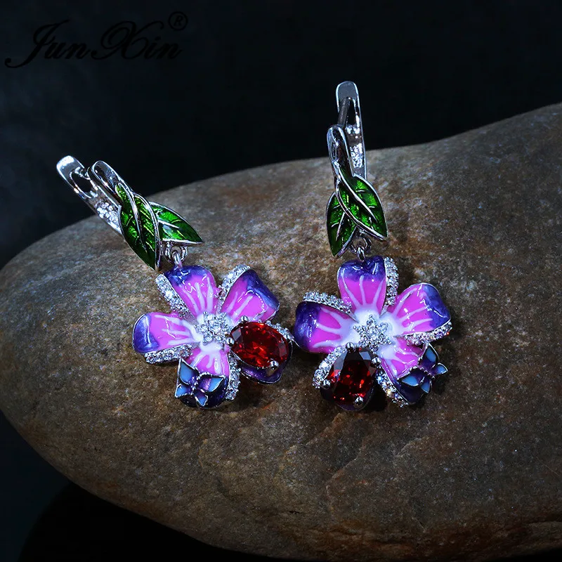 Boho красный камень животных серьги в виде бабочек 925 серебряный цвет фиолетовый розовый зеленый Эмаль серьги-кольца цветок для женщин очаровательные ювелирные изделия