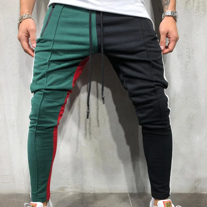 Green with black Популярные мужские штаны для бега в стиле хип-хоп с карманами из эластичного многоцветный лоскутный брюки-карандаш и повседневная мужская уличная одежда - Цвет: Green with black
