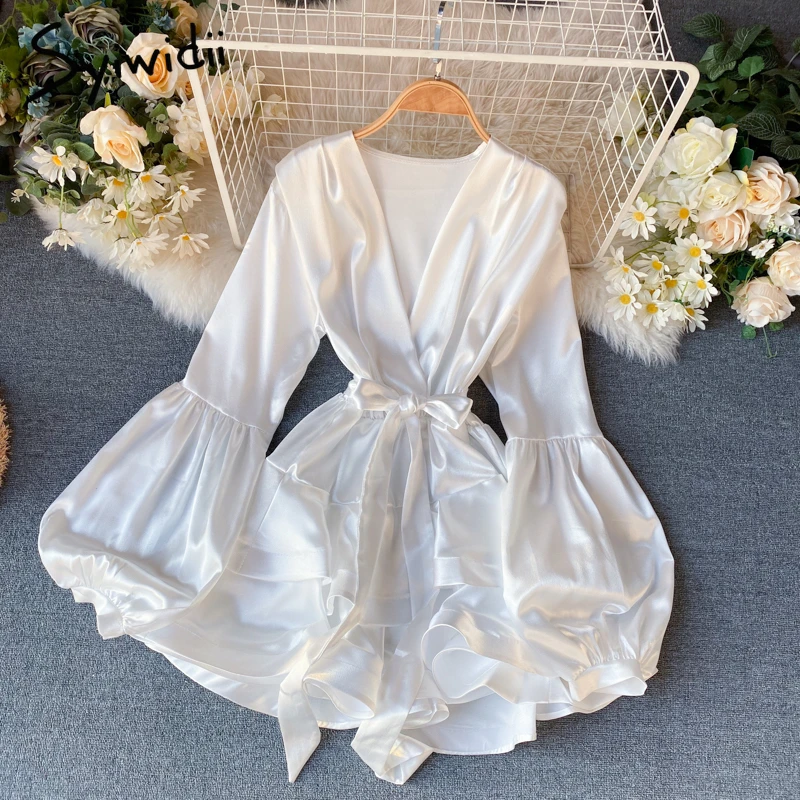 Syiwidii White Party Evening Dress for New Year 2022 Women Satin Silk Mini Long Lantern Sleeve Elegant Short Casual Dresses corset dress