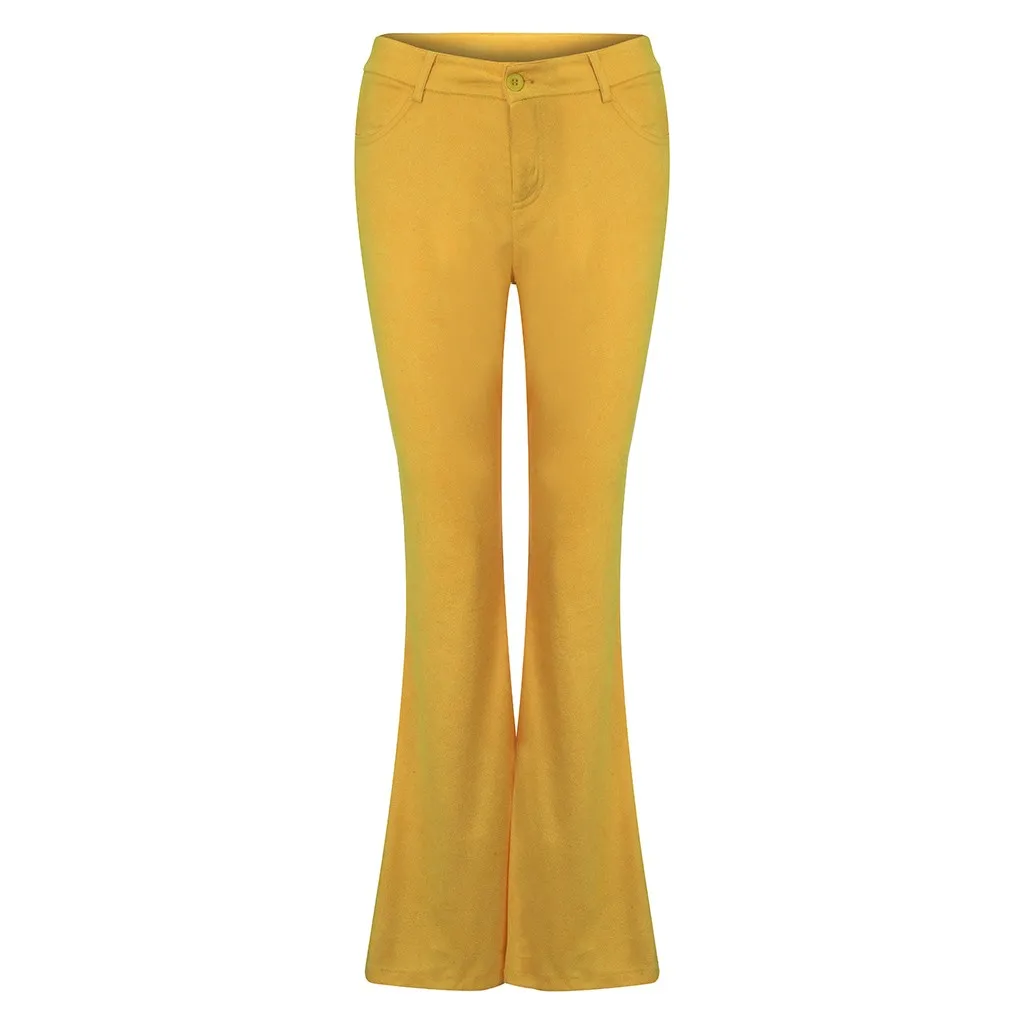 Женские вельветовые брюки-клеш, повседневные облегающие длинные брюки, зимние элегантные женские теплые брюки с высокой талией, широкие брюки с карманами, сексуальные - Цвет: Цвет: желтый