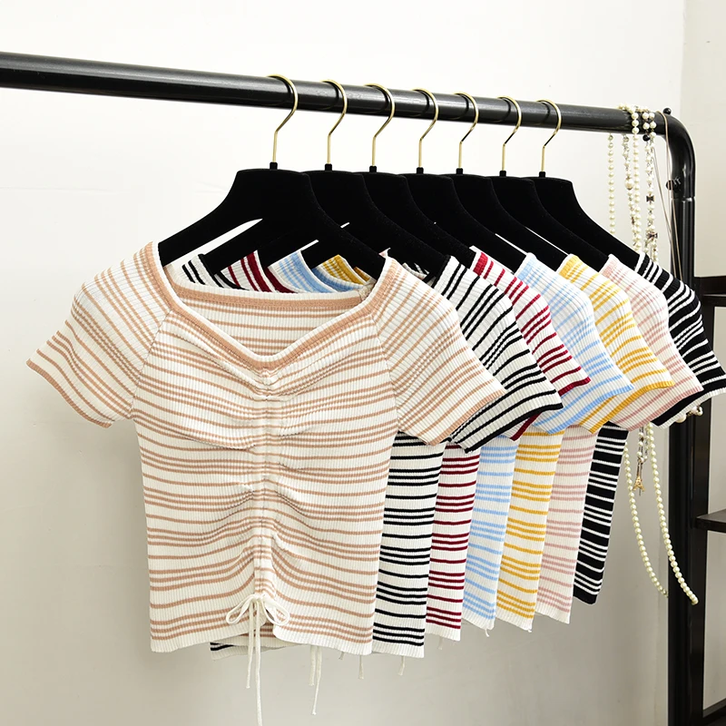 

Fashion V Neck Striped Print Ladies Slim Summer Knit T-Shirt Drawstring Casual Women T Shirt Top Tee Crop Thin Short Sleeve