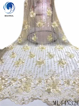 

BEAUTIFICAL nigerian lace fabrics 2020 New elegant nigerian net lace 3d flowers lace embroidery fabric with beads ML44N320