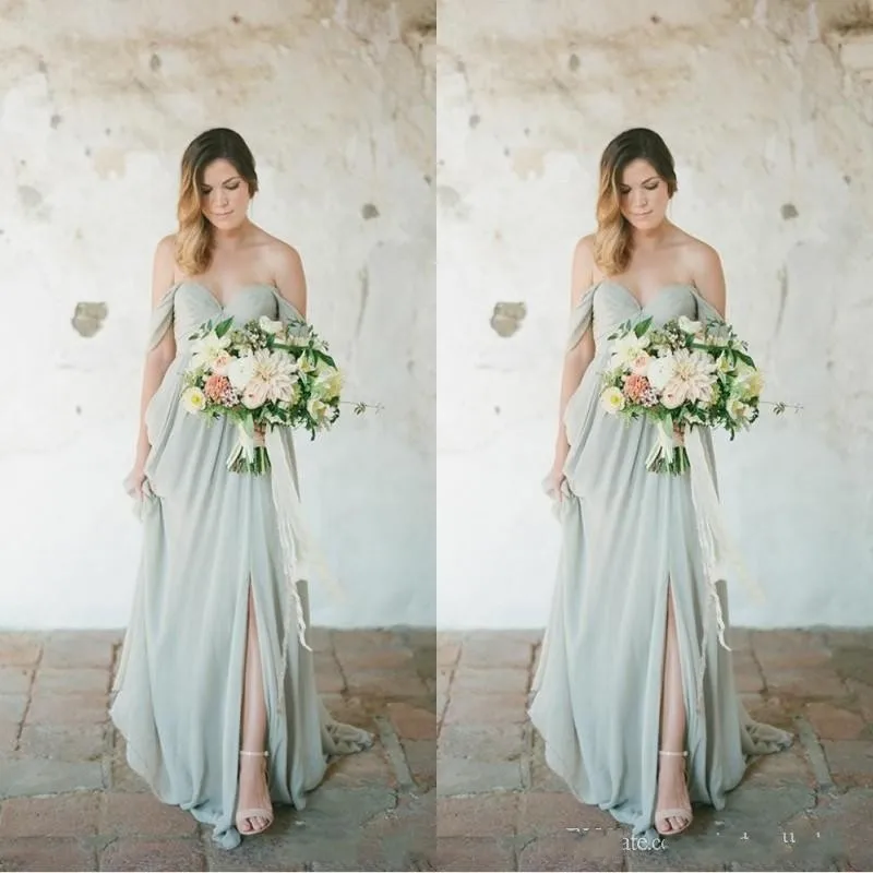 Sage Boho Длинные платья подружек невесты Страна Свадьба Гость платье шифоновый с открытми плечами Сторона Сплит плюс размер горничной честь