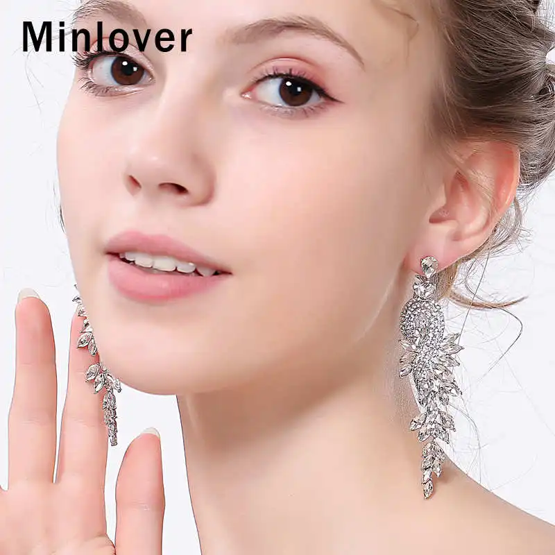 Minlover роскошный лист горный хрусталь длинные висячие серьги без пирсинга для женщин Свадебная вечеринка Выпускной клипсы подарок MEH946
