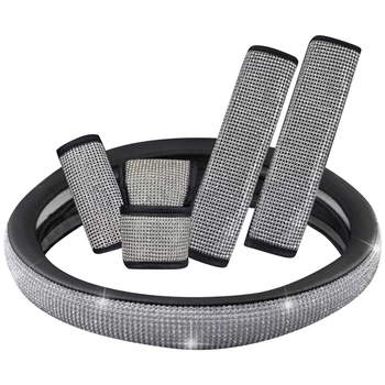 

Steering Wheel Cover with Rhinestone Car PU Non-Slip Breathable Steering Cover Set