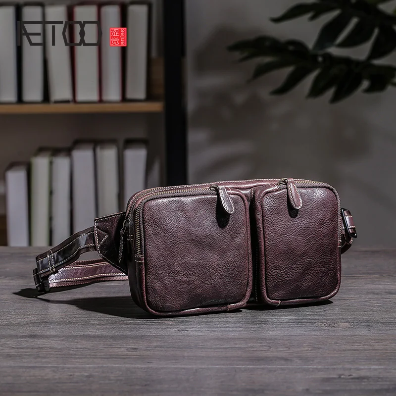 

BJYL Men's waist pack, leather casual retro slash bag, multi-functional large-capacity head leather breast bag