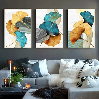 

Modern Picture Living Room Decoration Blue Green Yellow Gold Plant Leaf Abstract Poster Nordic Canvas Print Wall Art Painting