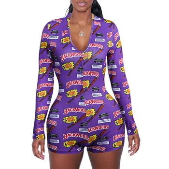 

Sexy Womens Bodysuit Slim Panda Print Long Sleeve Deep V-Neck Bodysuit Leotard Short Pants Casual Button Sleepwear Bodysuit 2020