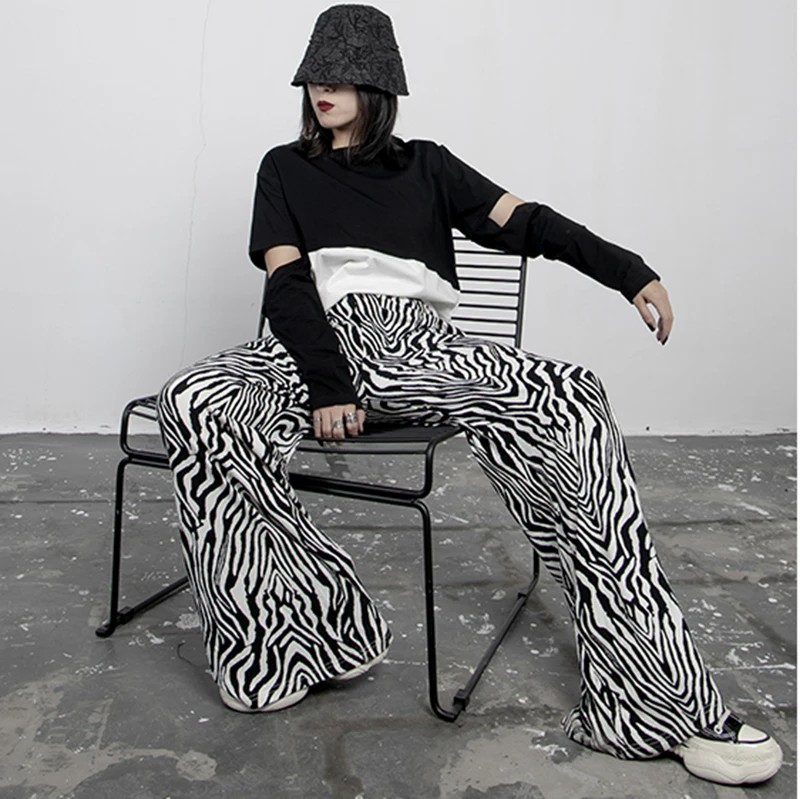 [EAM] High Elastic Waist Zebra Pattern Long Wide Leg Trousers New Loose Fit Pants Women Fashion Tide Spring Autumn 2020 1Z932