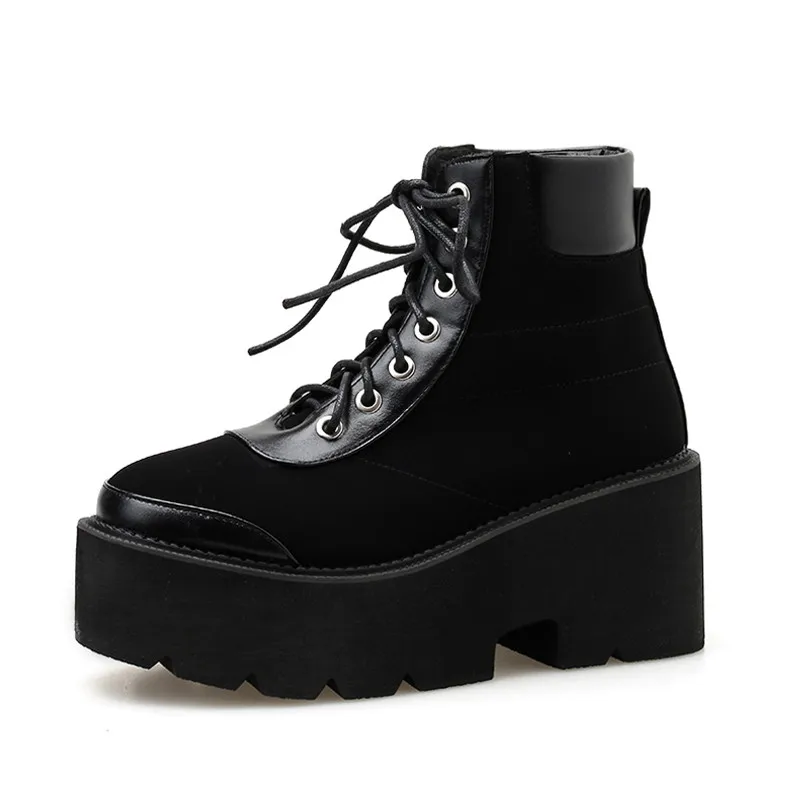 black shoes Gdgydh на шнуровке мотоциклетные ботильоны для женщин; обувь на платформе; на не сужающемся книзу массивном толстом каблуке сандалии на высоких толстых каблуках, обувь, сапоги женские сапоги из флока черного цвета - Color: black shoes
