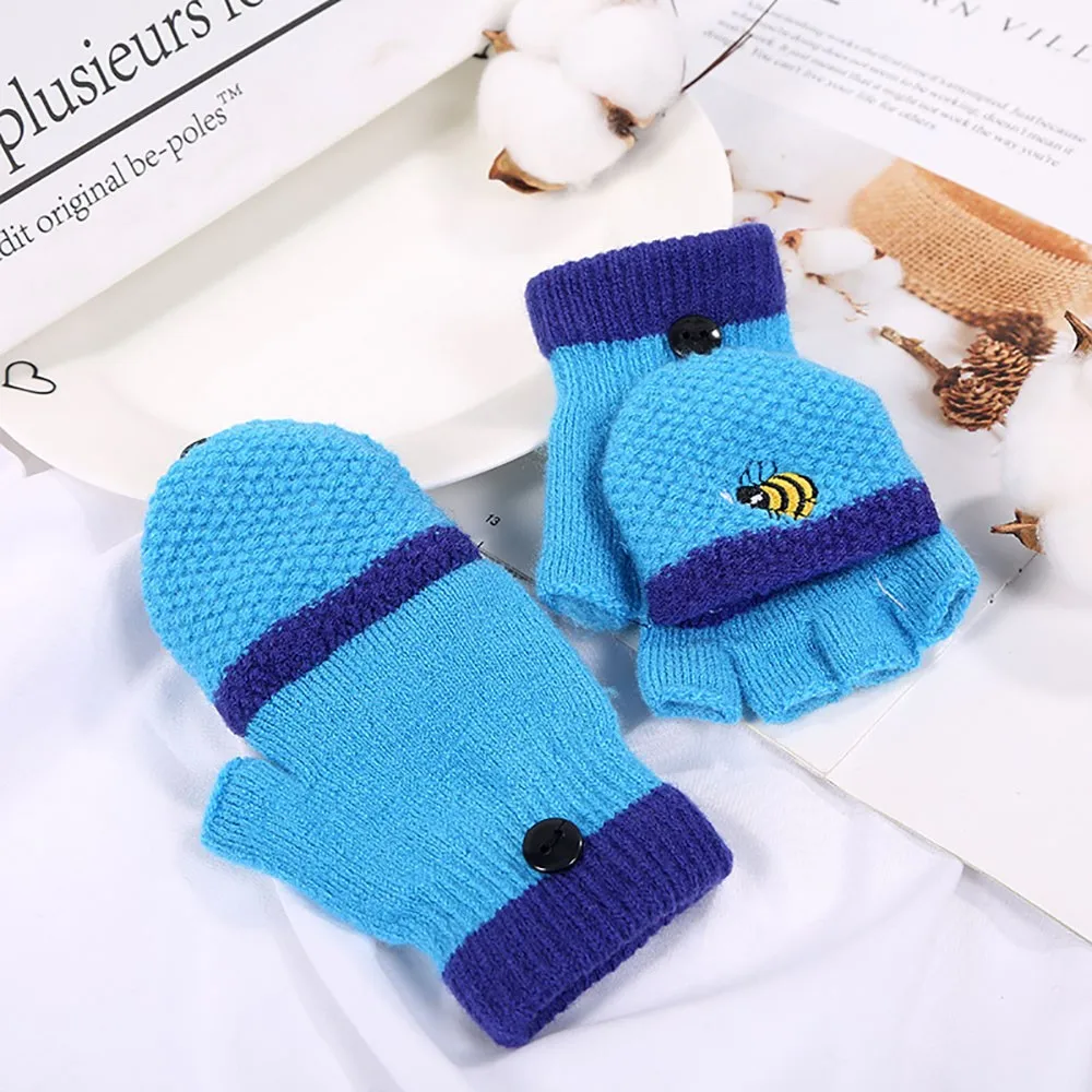 Children Kids Winter Gloves Baby Girls Boys Half Finger Cartoon Honeybee Patchwork Keep Warm Baby Mittens Knitted Gloves