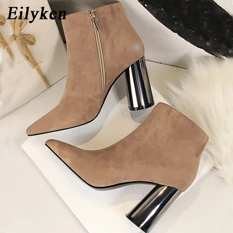 Eilyken/женские полусапожки из флока; модные классические женские ботинки ручной работы с острым носком на высоком толстом металлическом каблуке