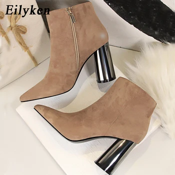 

Eilyken Women Flock Leather short Boots Fashion Handmade Classic Pointed toe Metal Heels thick high Women Booties